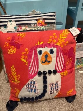 crown & ivy Coral Accent Pillow with Pink Dog Embroidery